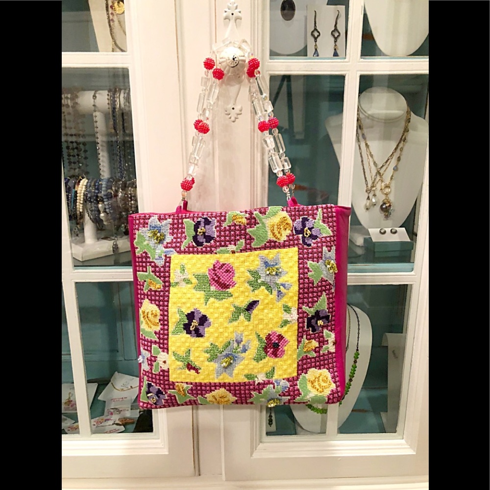Floral Hot Pink Needlepoint Tote/Shoulder Bag with Beaded Handle, Suede Lining